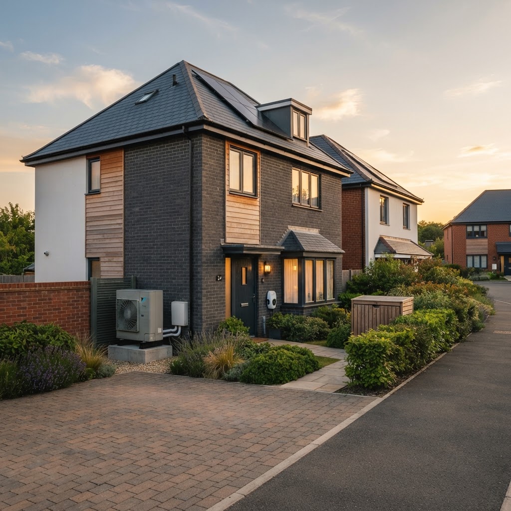Modern UK home with a heat pump installed