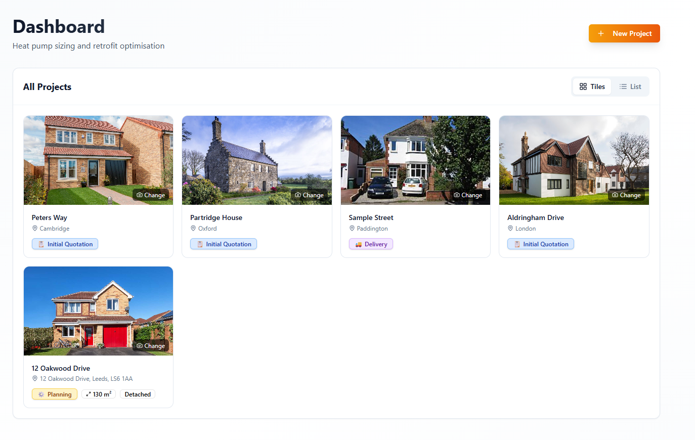 HeatLens dashboard showing project tiles including 12 Oakwood Drive
